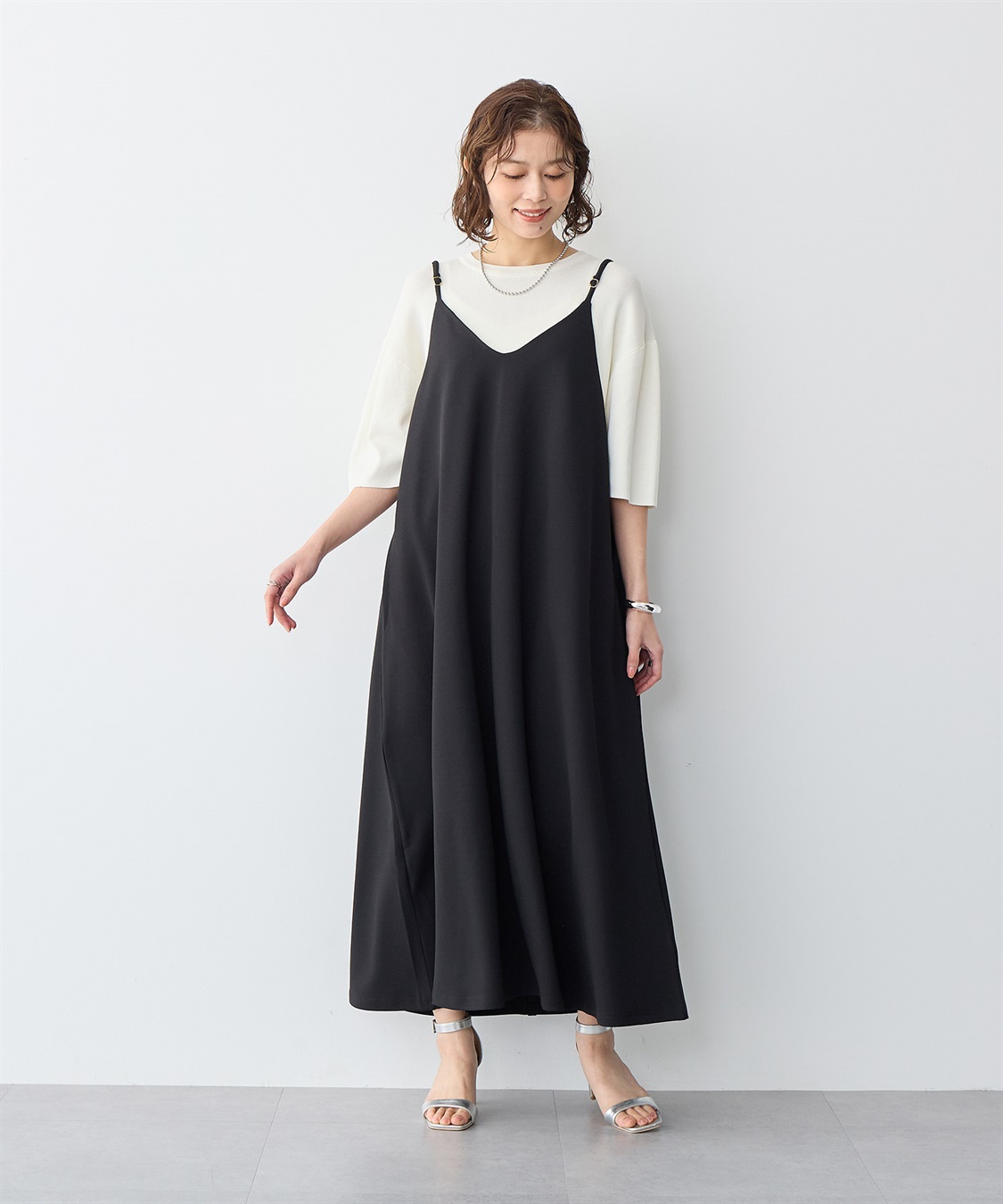 anyfee/プラスサイズ】ニットジョーゼットキャミワンピース《大きい