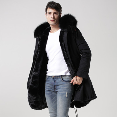 ブラック＆ネイビー メンズ Mens Real Fox Fur Real Fur Liner Hoodie