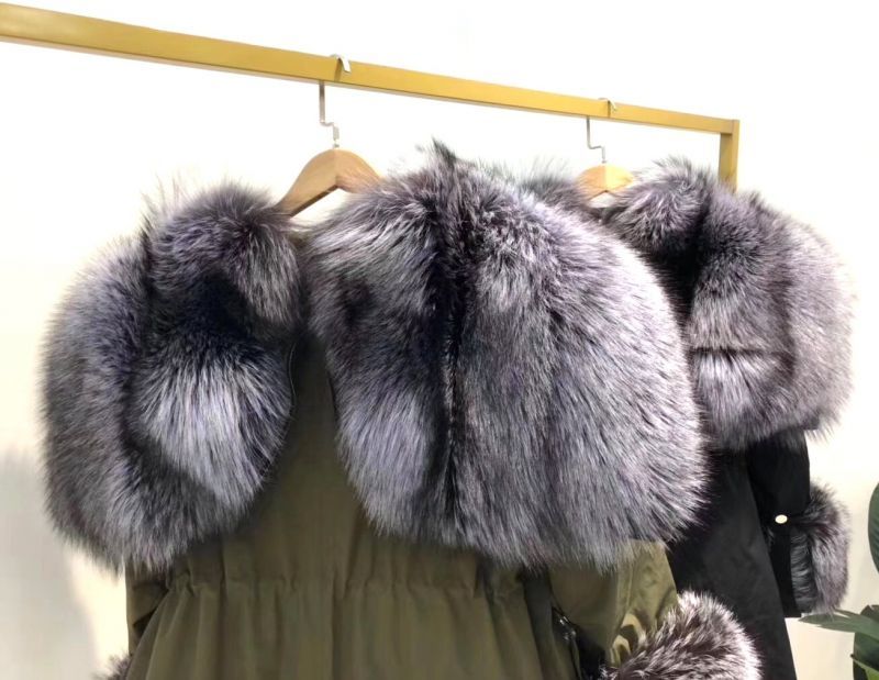 Women's Real Silver & Red Fox Fur Military Down Angel Wing Coat