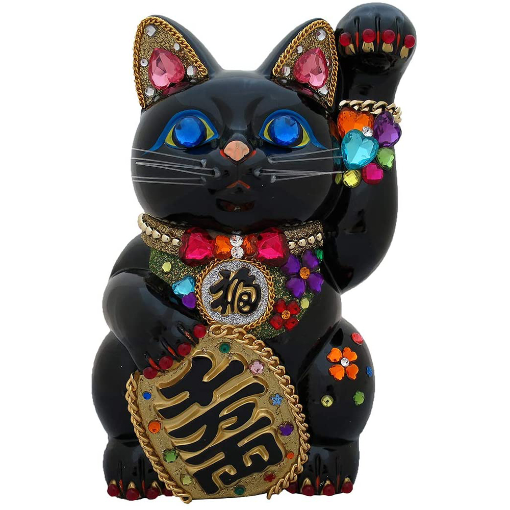 招き猫 置物 貯金箱 手長小判猫 黒 左手