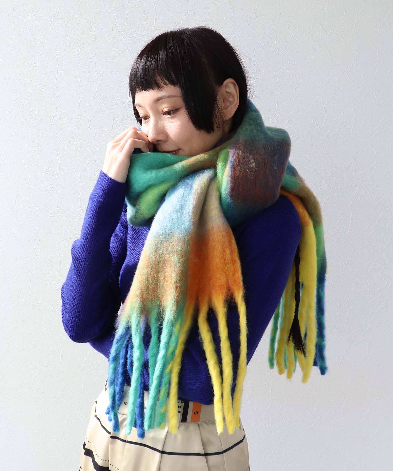ブロックチェックBIGフリンジマフラー | AND ON JIONE STORE