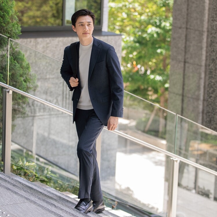 洗える タスマニアウールブレンドジャケット 紺小柄 LES MUES セット