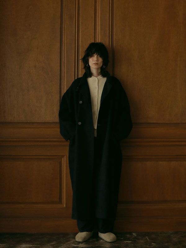 ETRE TOKYO - スタンドカラーリバーロングコート - NAVY | ADDICT WEB SHOP