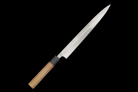 柳刃包丁 尺一 本焼 刃先鏡面 水牛黒檀八角柄 塗り鞘・箱付 【O170