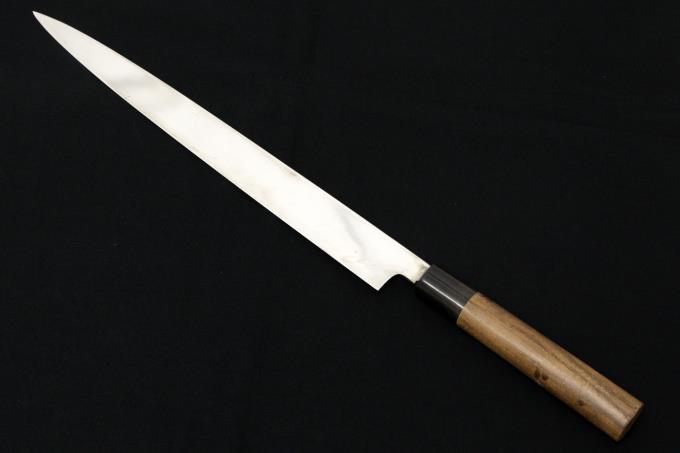 柳刃包丁 尺一 本焼 両鏡面 水牛紫檀栗型柄 白鞘・袱紗付 【O583