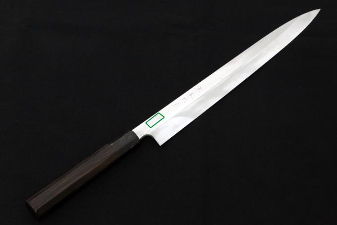 柳刃包丁 尺 本焼 青鋼 鏡面 水牛黒檀八角柄 名入 黒塗鞘・包丁袋付