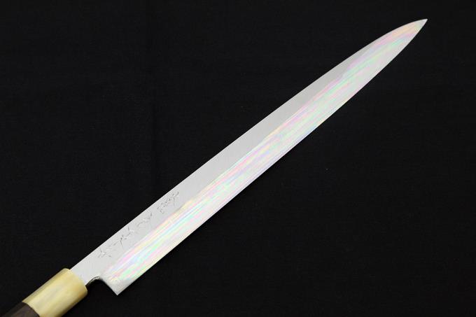 柳刃包丁 尺一 本焼 刃先鏡面 水牛黒檀八角柄 塗り鞘・箱付 【O170