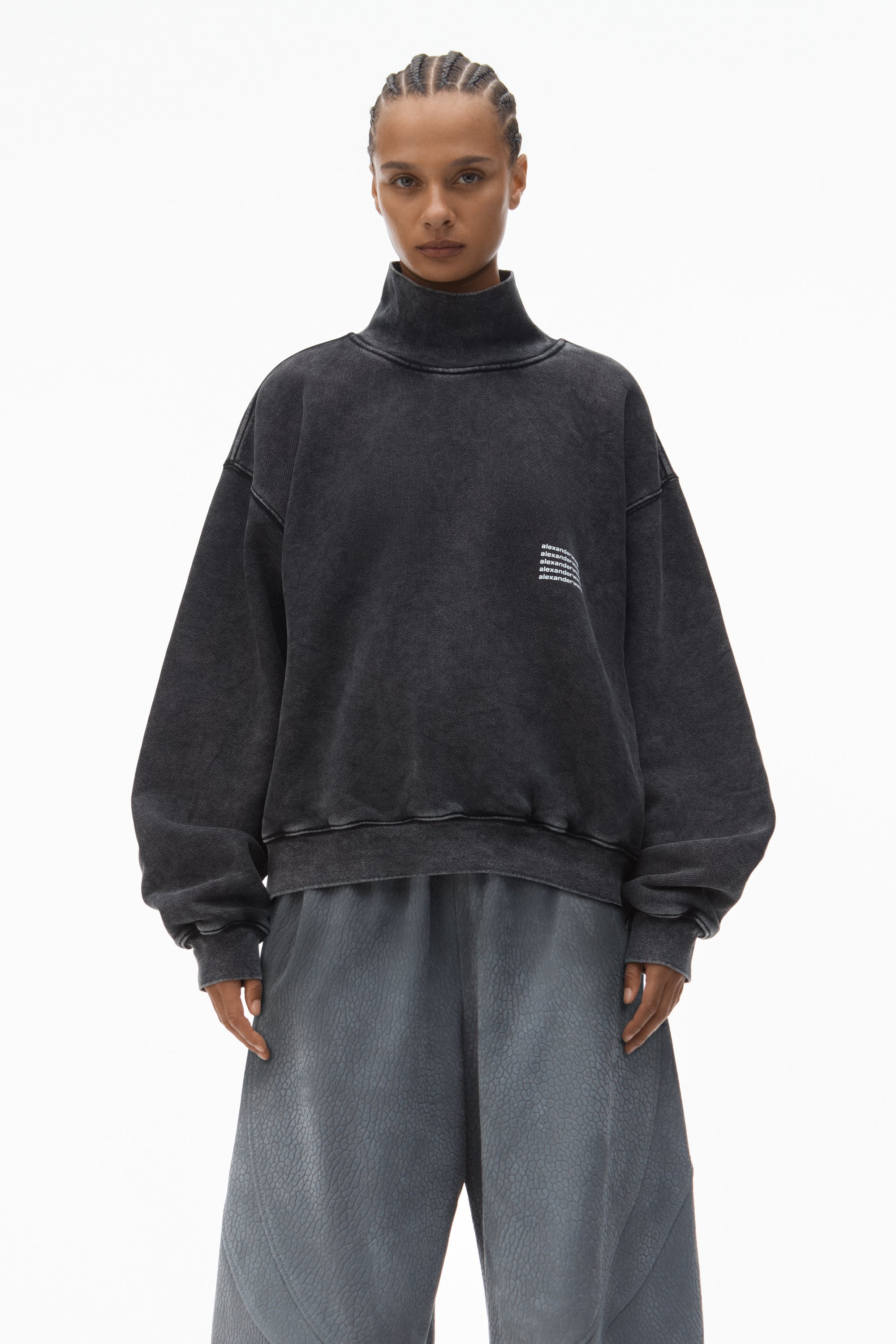 UNISEX HIGH NECK SWEATSHIRT IN DENSE FLEECE in ACID BLACK