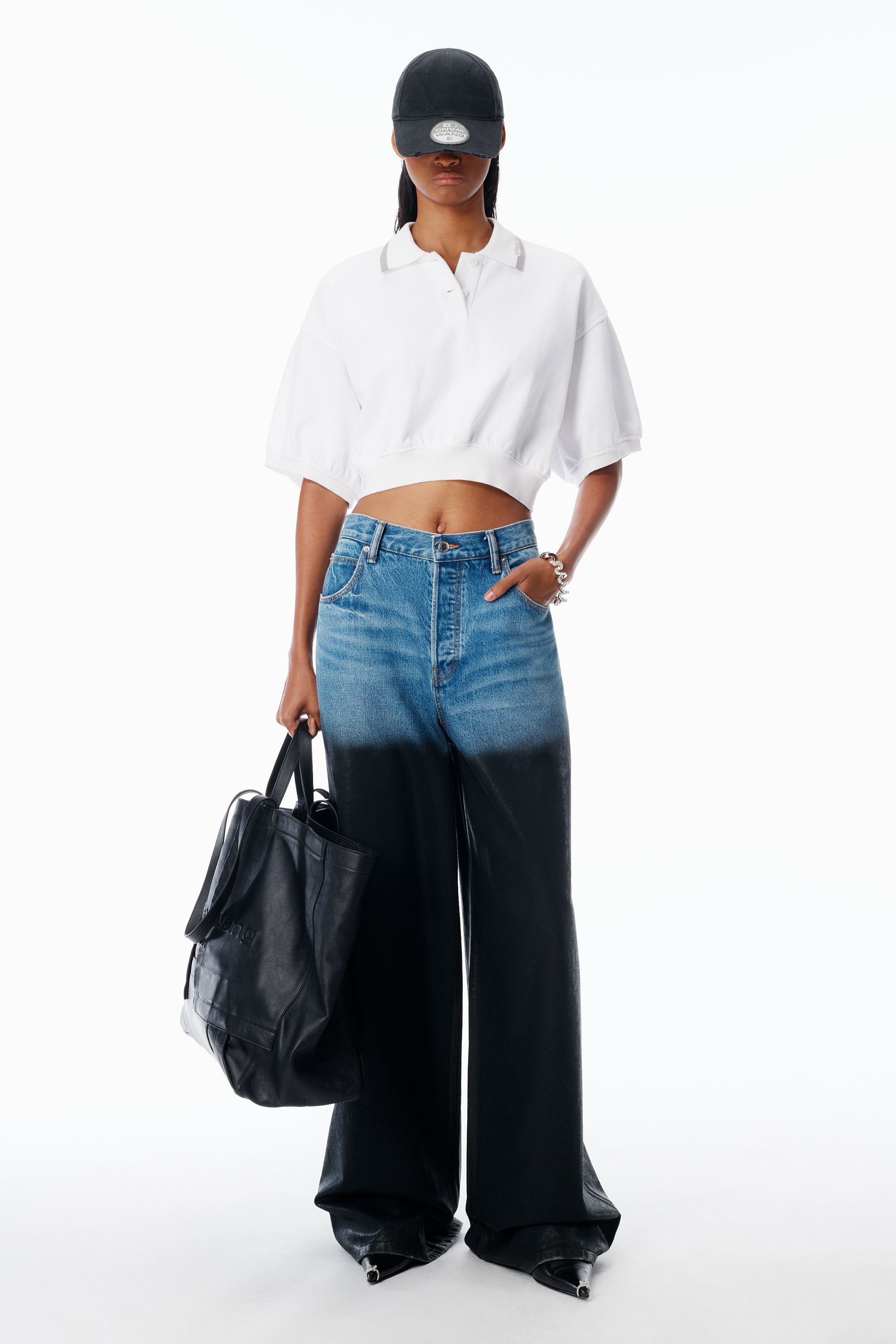 Cropped Cinched Cotton Polo in WHITE | alexanderwang®