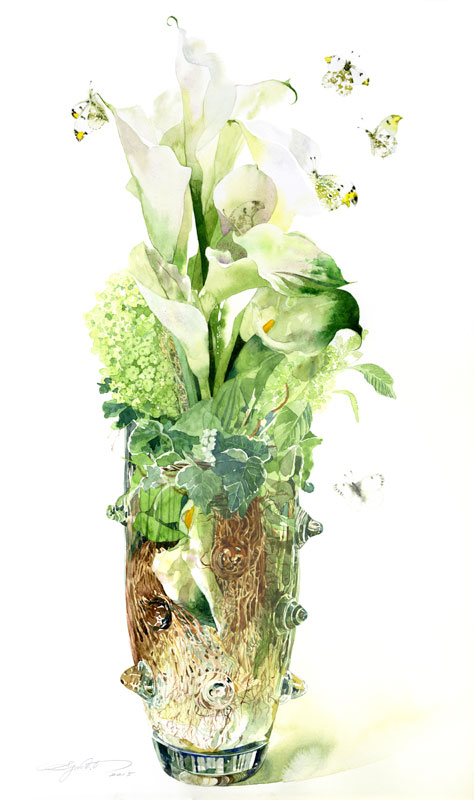 植物・花 水彩画イラスト ガラス花瓶のスズラン・カラーの花と蝶