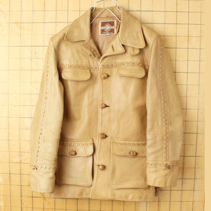 70s 80s USA PIONEER WEAR レザー ジャケット メンズSM相当 ベージュ