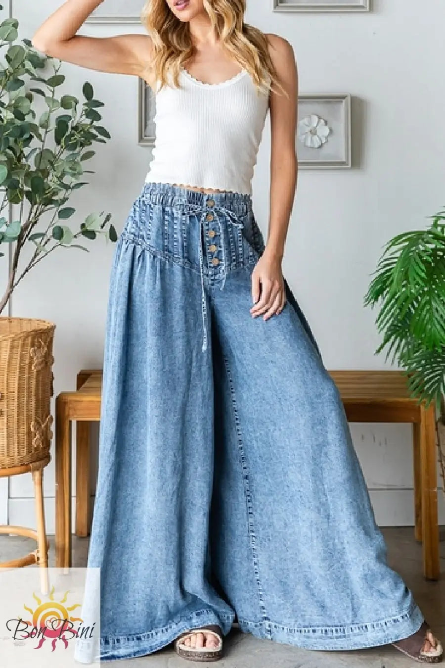 Denim Tencel Wide Legged Pintuck Smocked Waistband With Tie Button
