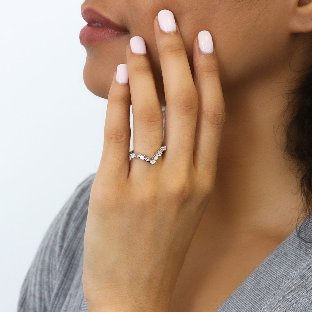 Halo Wishbone Art Deco Chevron V Shaped Engagement Ring Set #VR632
