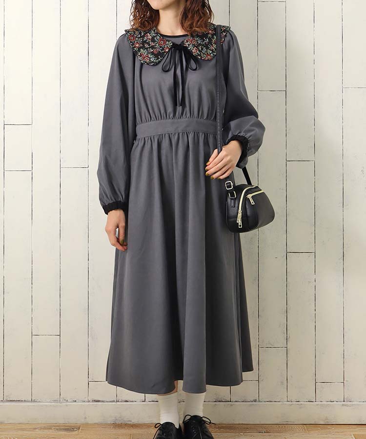 ジャガード付け襟ワンピース ワンピース 長袖 長袖ワンピース グレイ