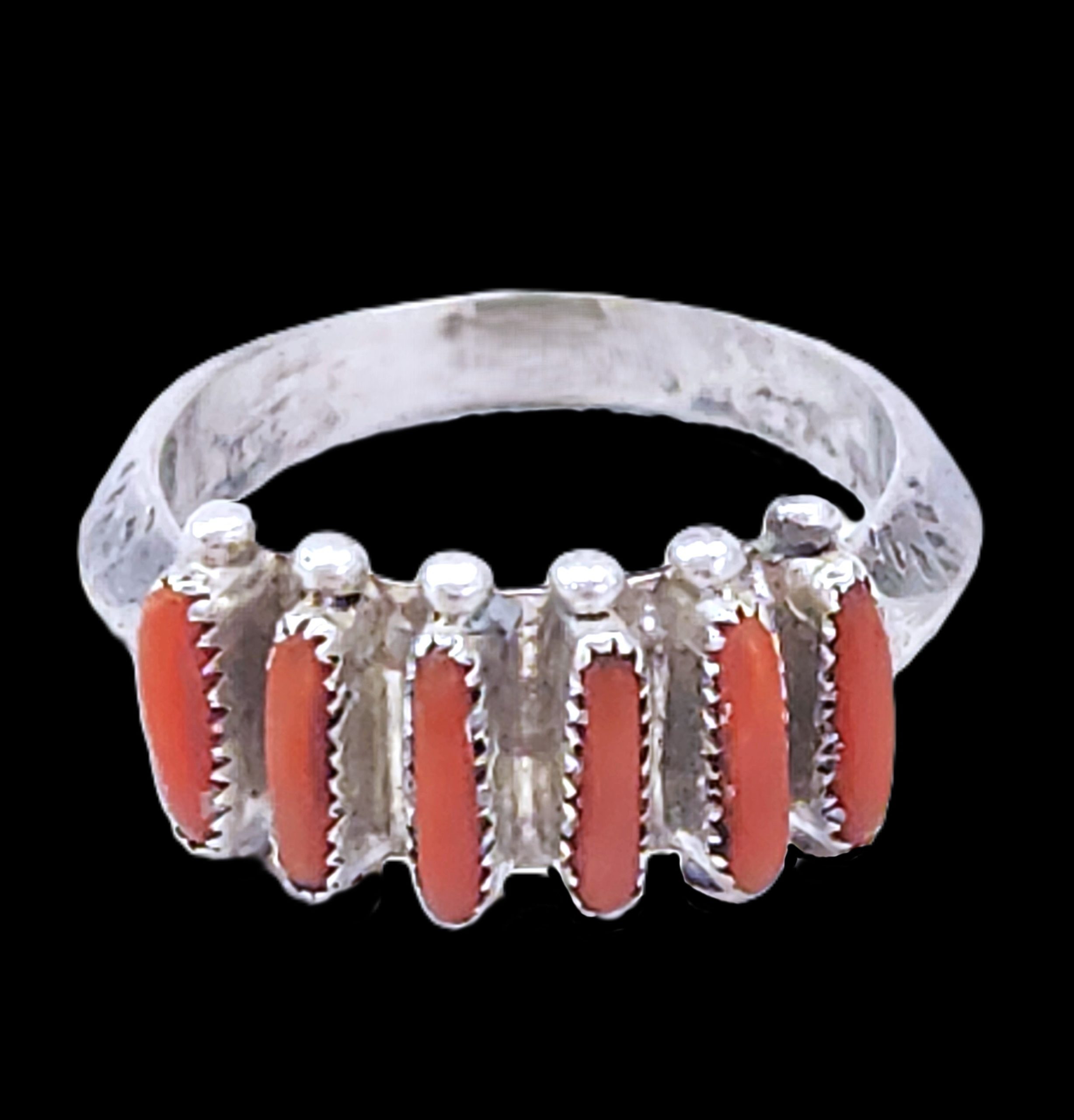Vintage Janice Paloma Zuni Needlepoint Coral Sterling Silver Ring