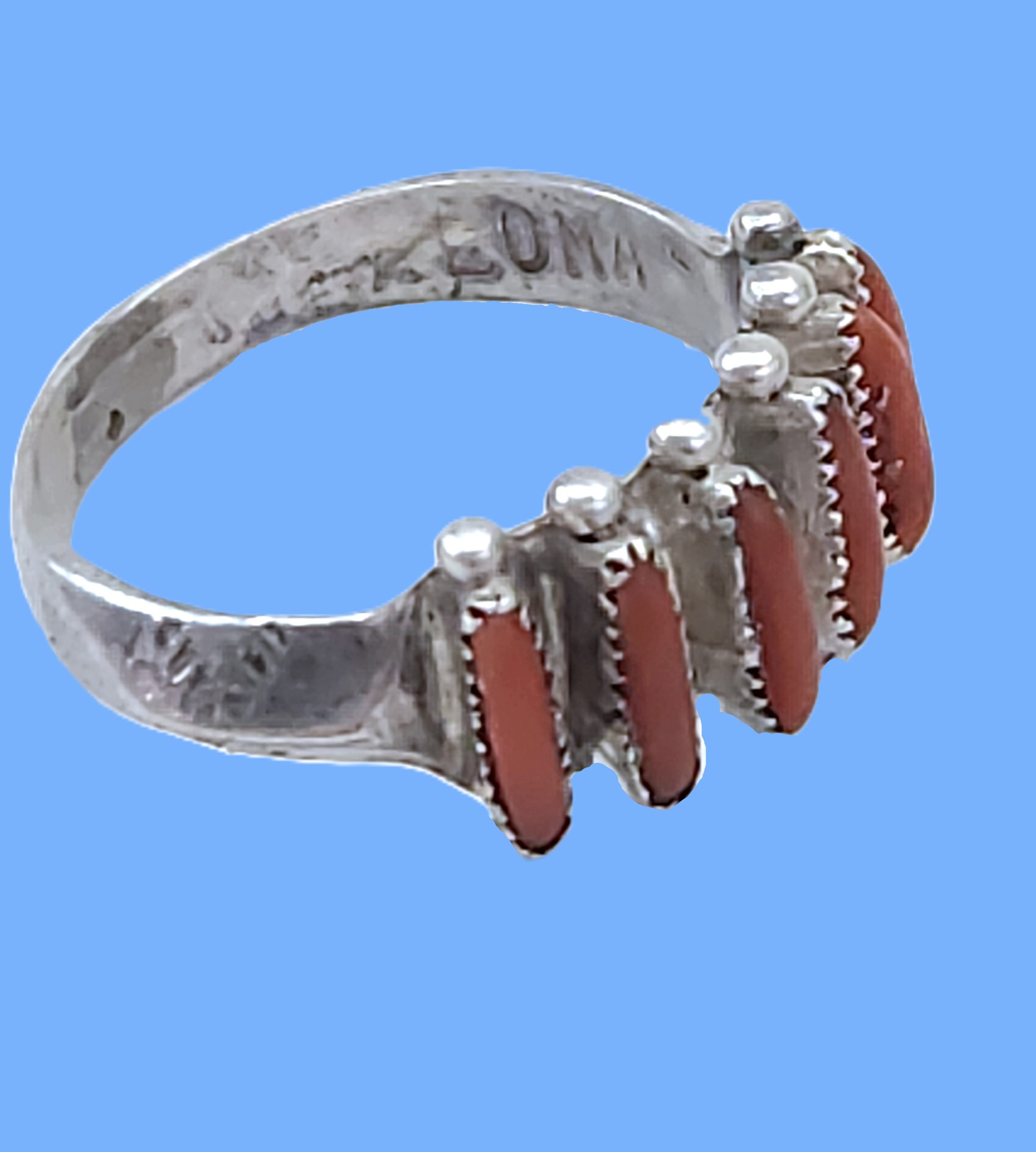 Vintage Janice Paloma Zuni Needlepoint Coral Sterling Silver Ring