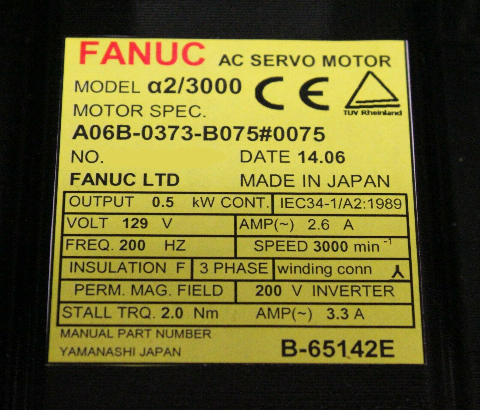 A06B-0373-B075#0075 Fanuc AC Servo Motor A2/3000 A64, 129V, 200Hz