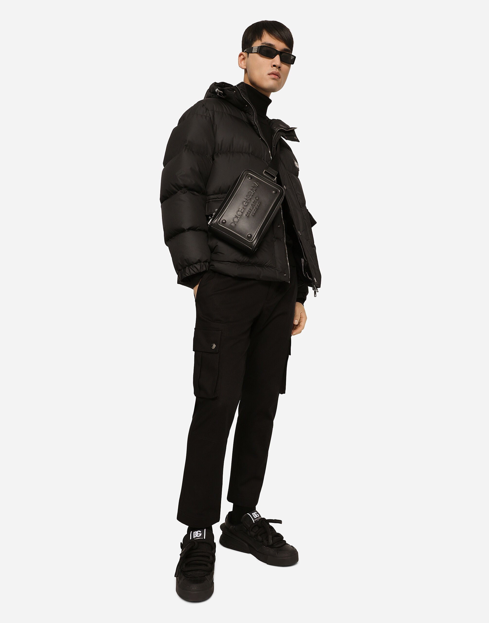 Nylon down jacket with hood and branded tag in Black for Men