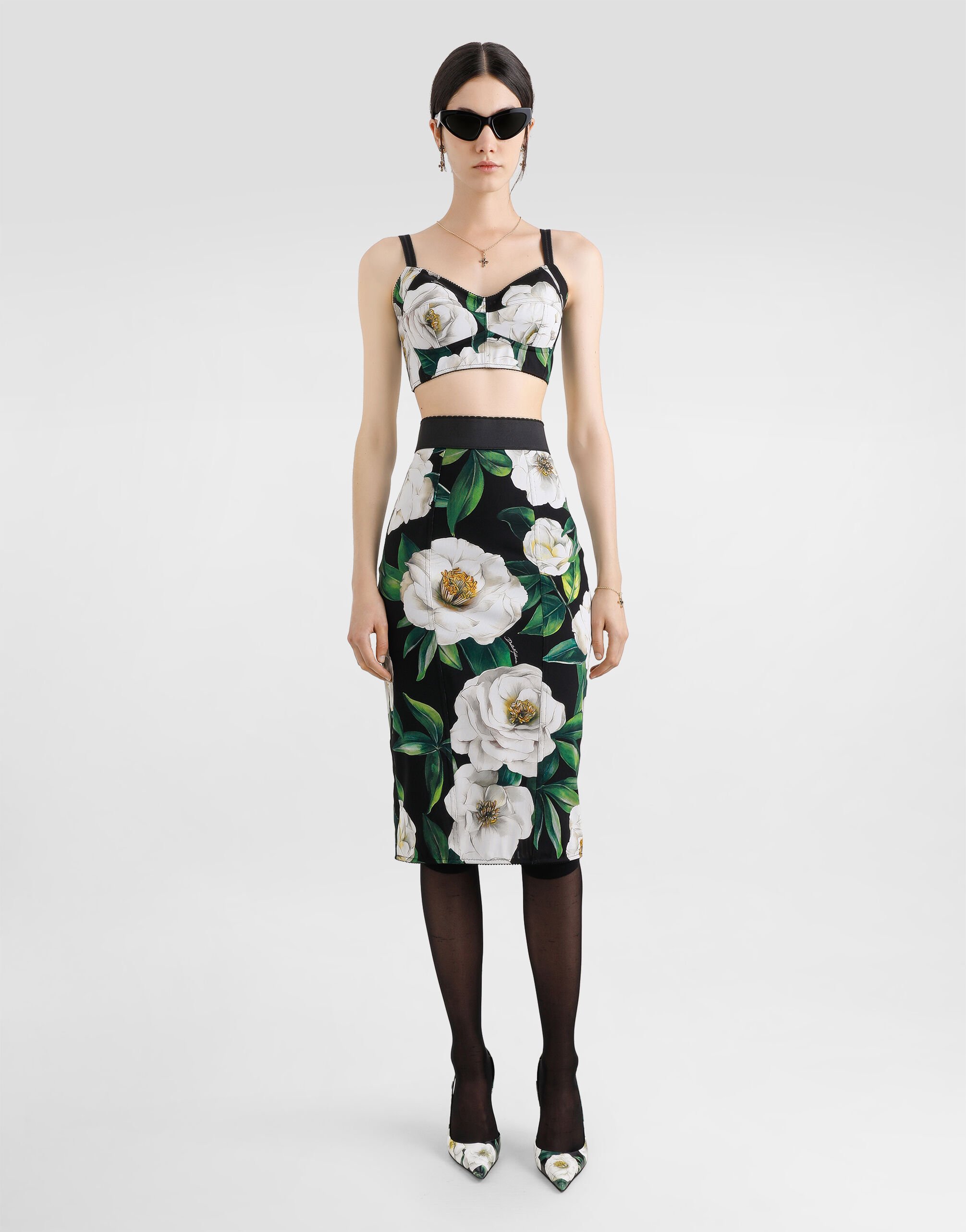 Calf-length stretch pencil skirt with gardenia print in Print for