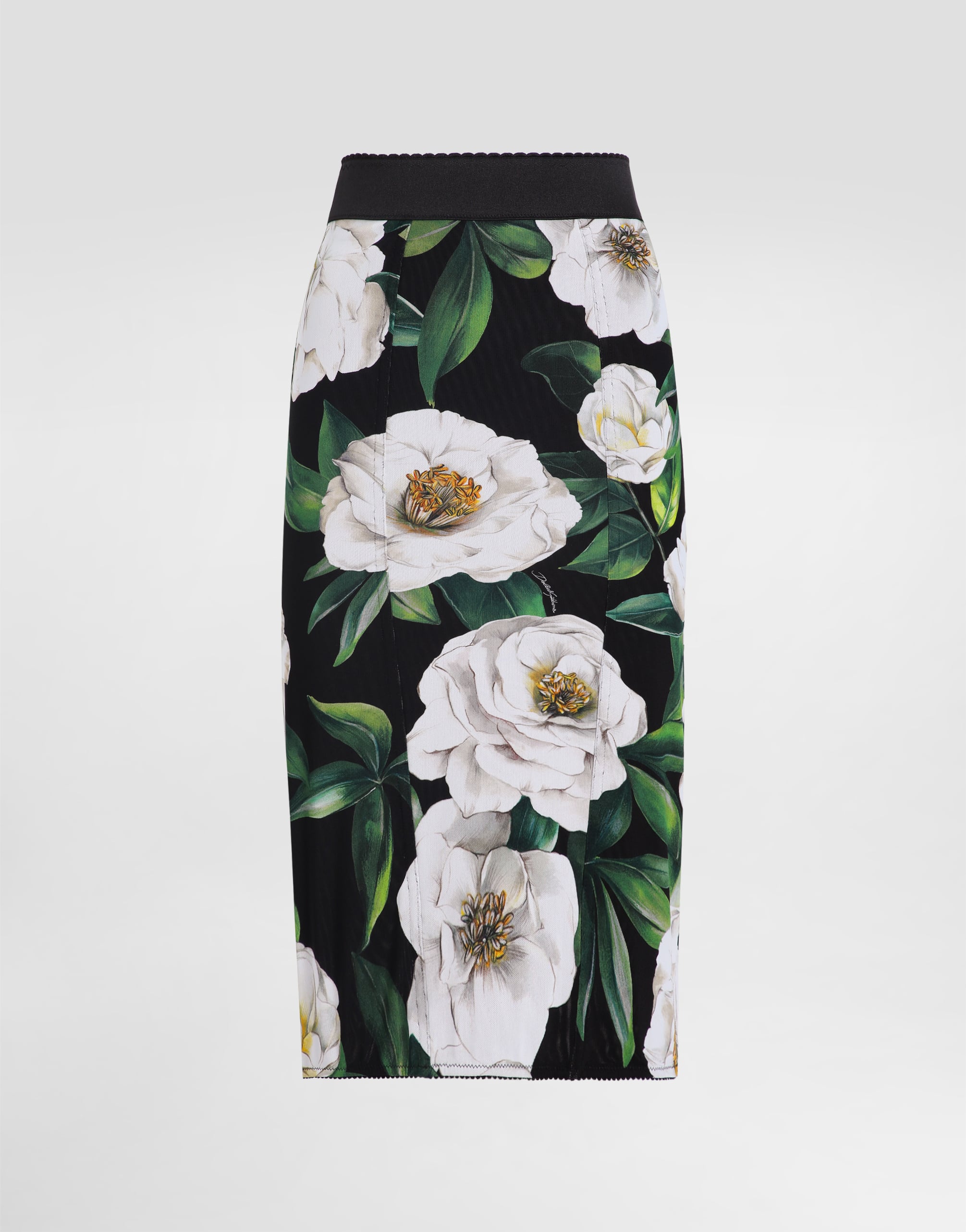 Calf-length stretch pencil skirt with gardenia print in Print for