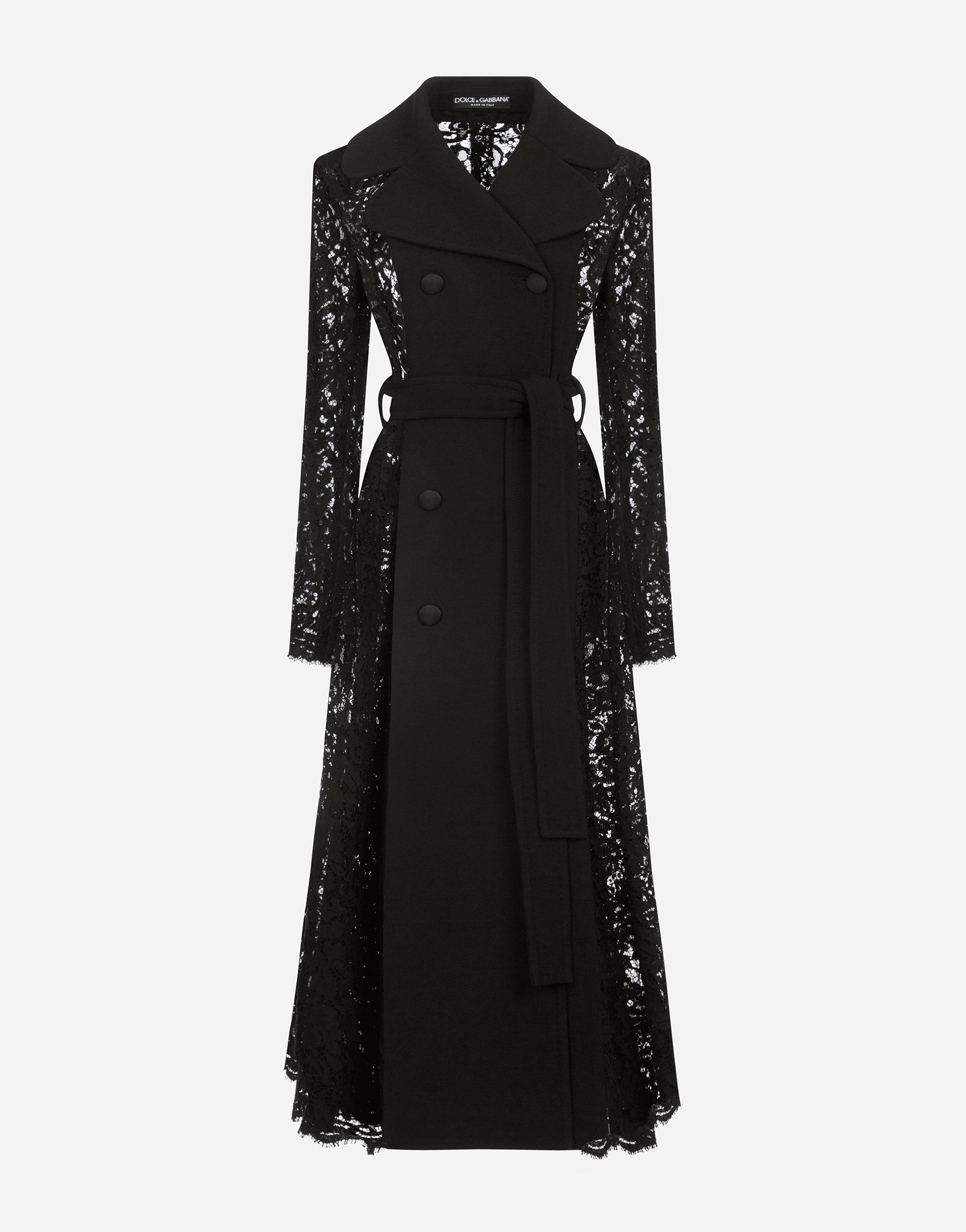 Belted double-breasted crepe and lace coat in Black for Women