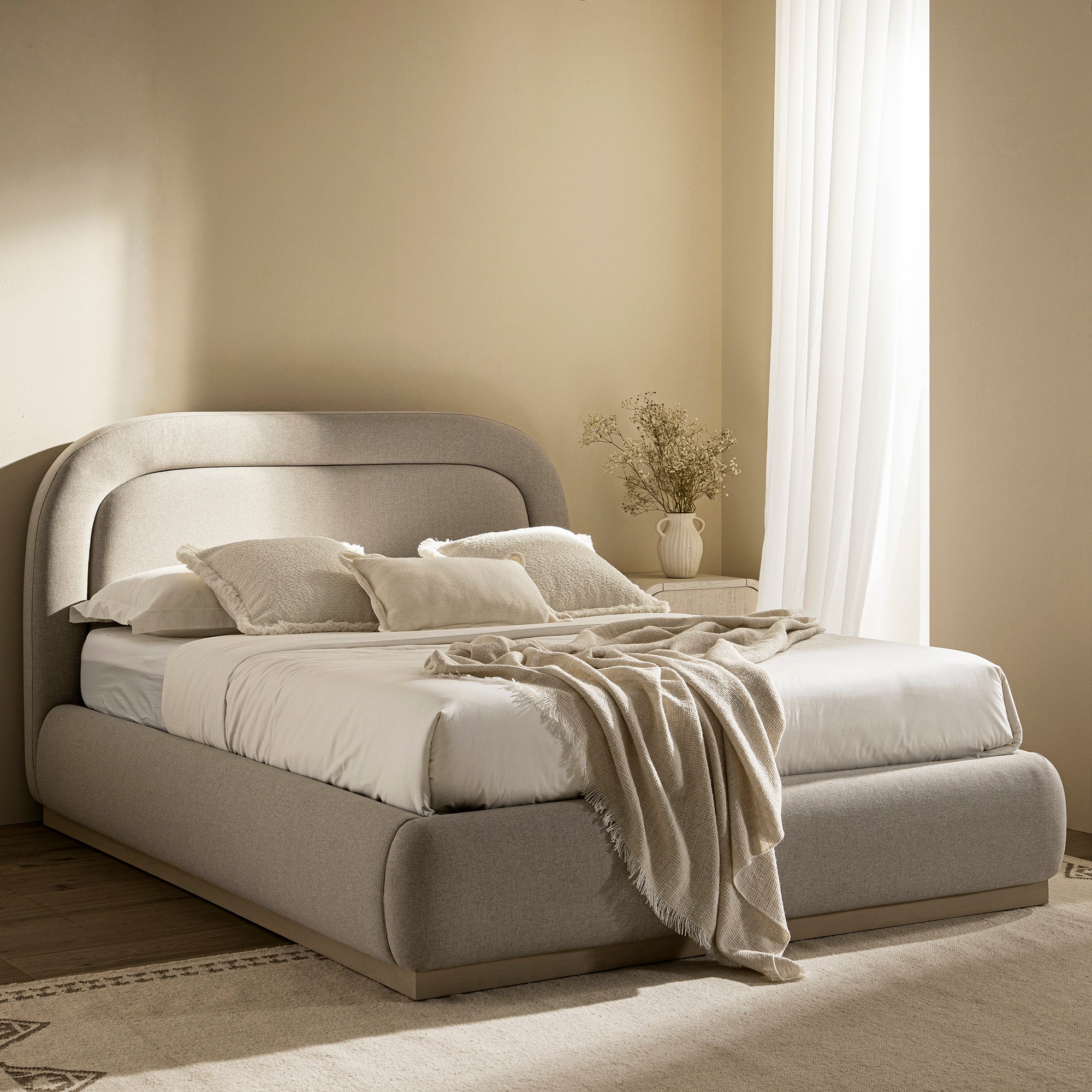 Luella Upholstered Wooden Plinth Base Storage Bed, Sand Fabric | daals