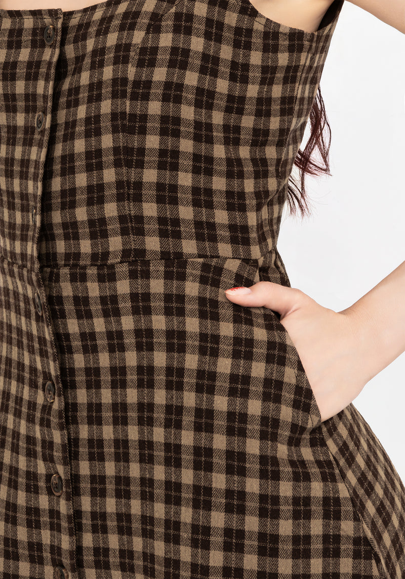 Terra Cotton Check Sleeveless Button Up Mini Dress - Brown