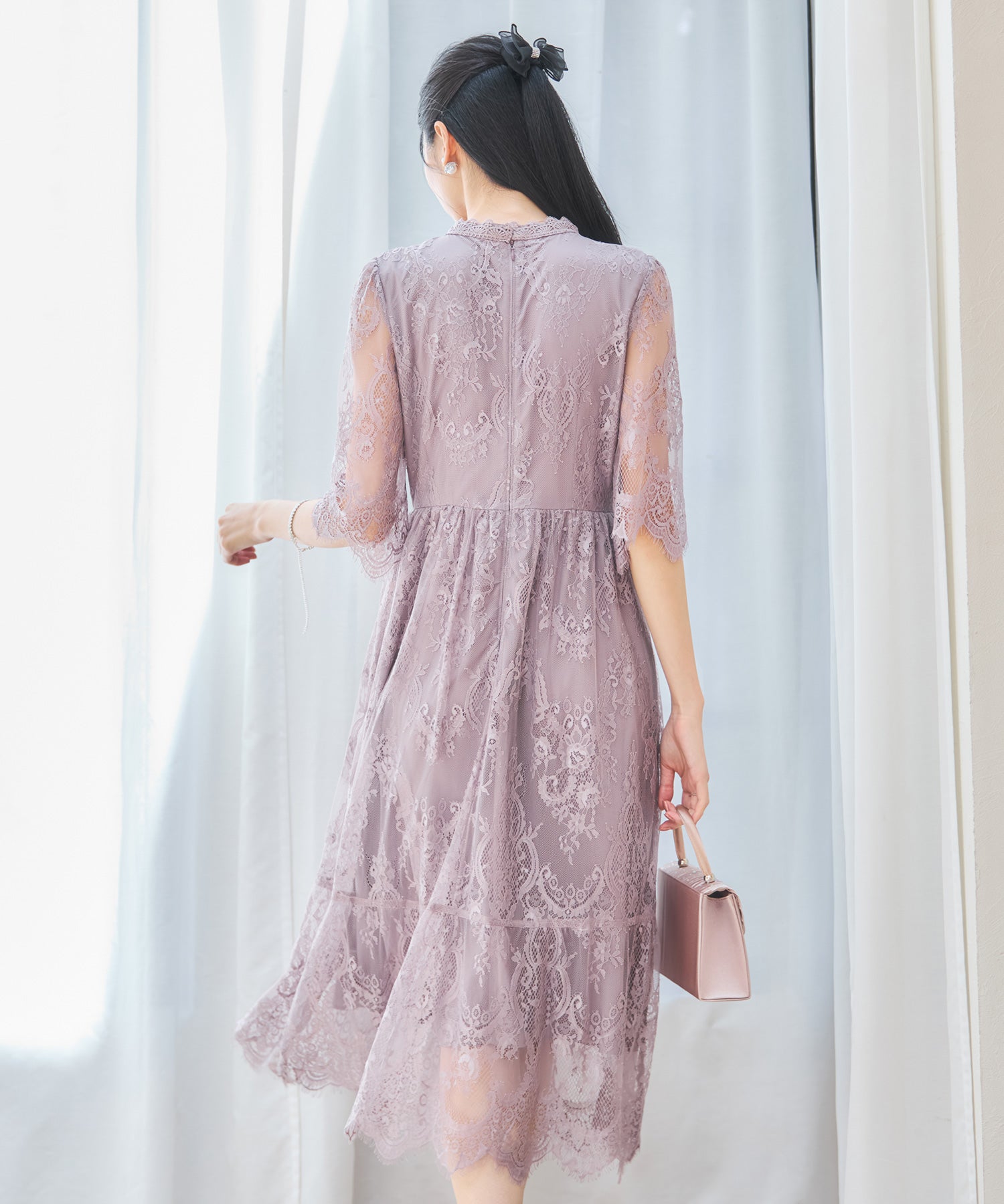 レーススタンドカラーワンピースドレスパーティードレス ラベンダー