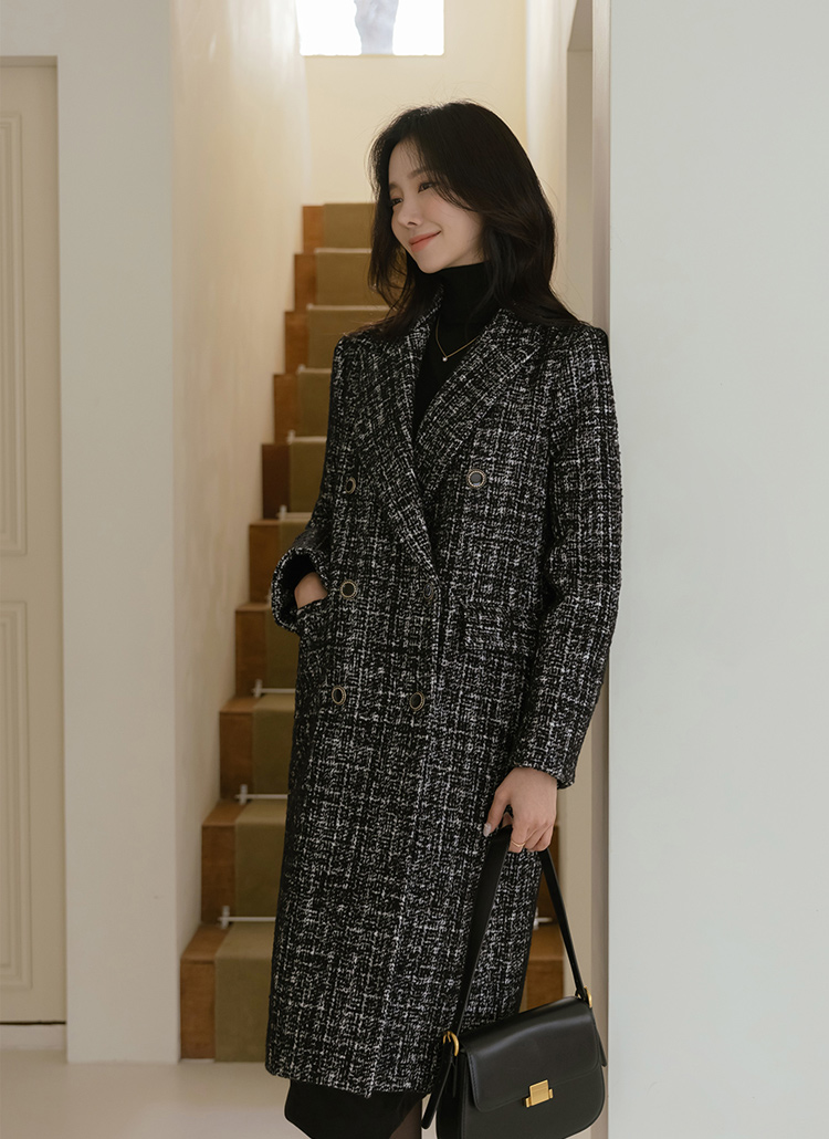 キルト裏地ミックスツイードロングコート | レディースファッション