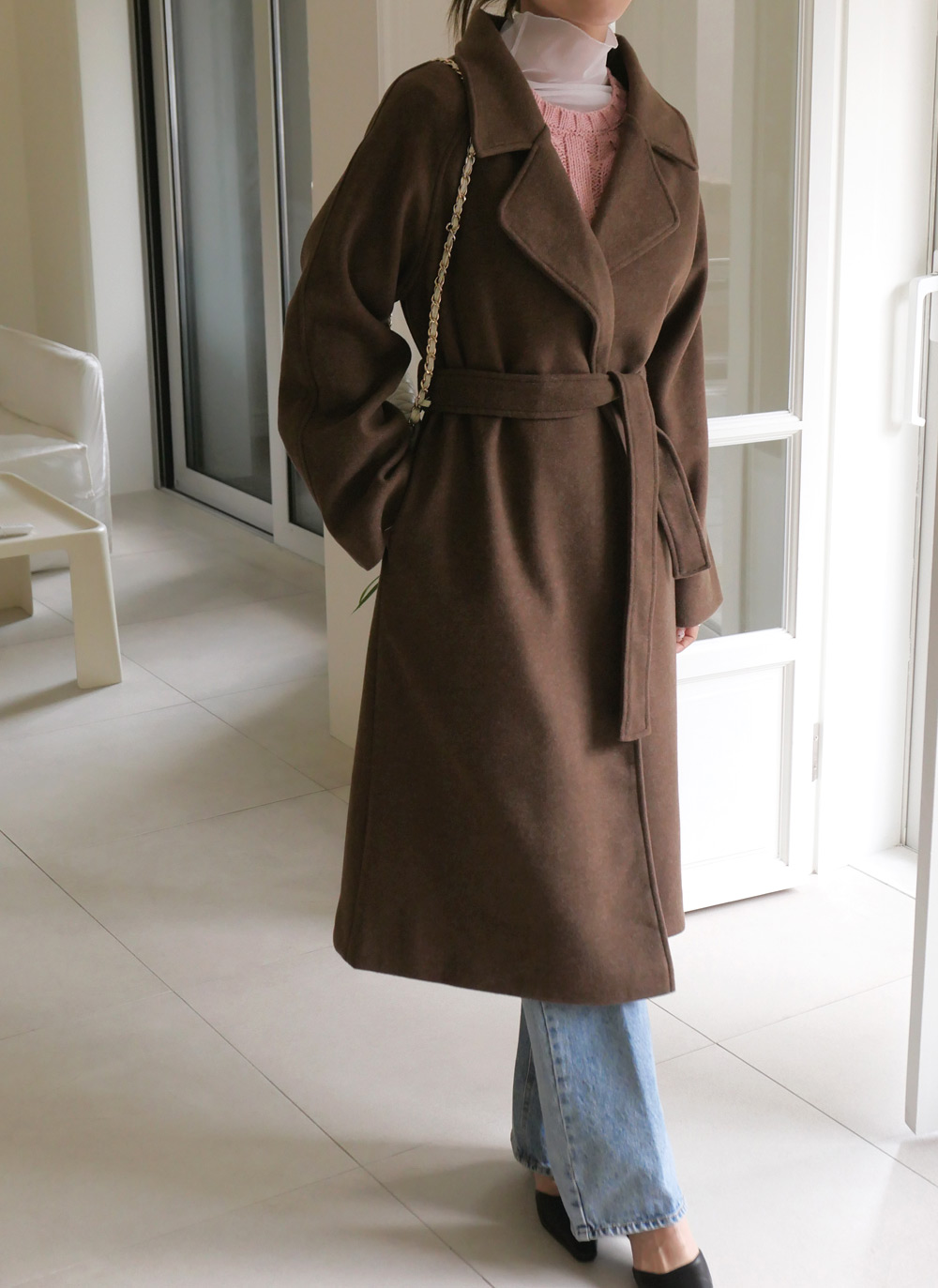 ストラップ付ウール混オープンロングコート | レディースファッション