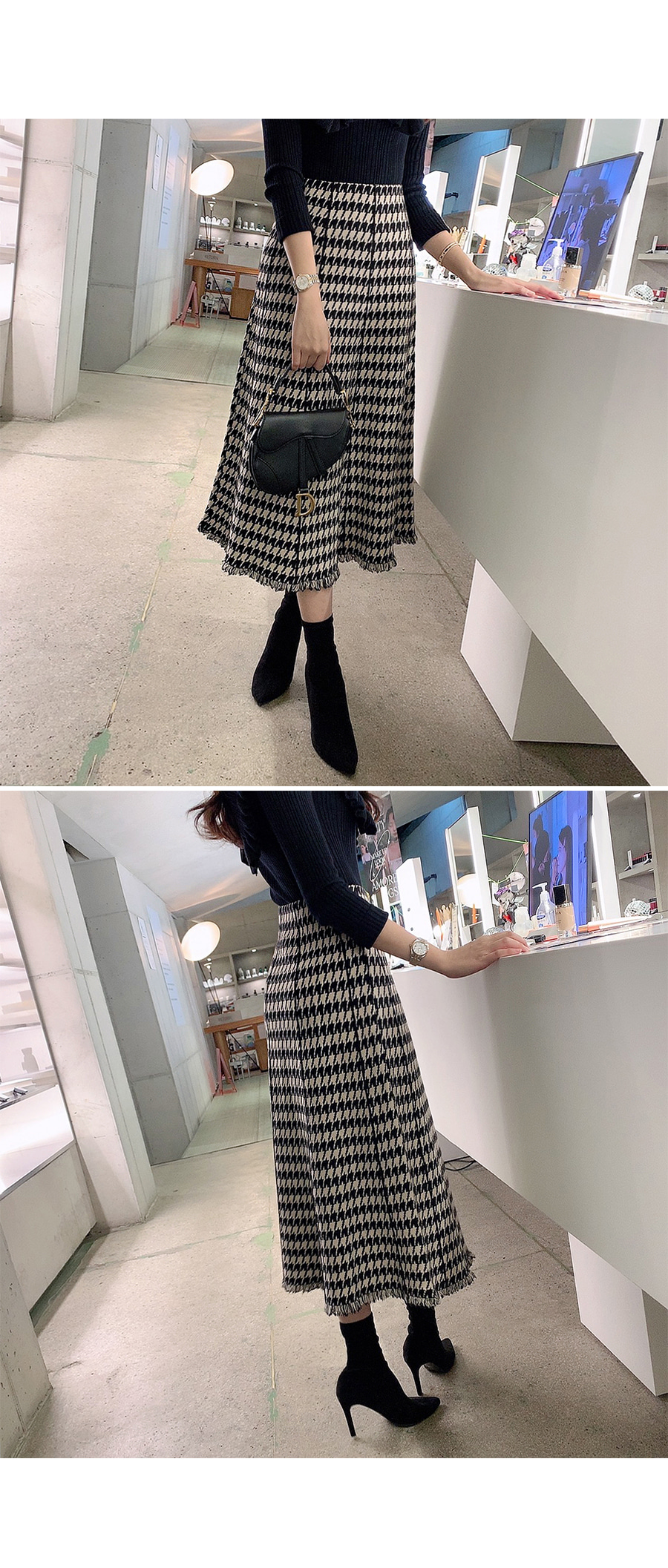madebyMINA]千鳥格子柄フリンジロングスカート | レディース