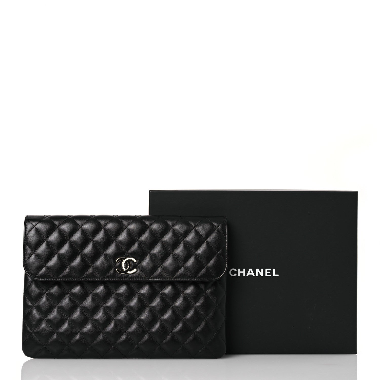 Chanel Lambskin Enamel Quilted Document Portfolio Holder Black