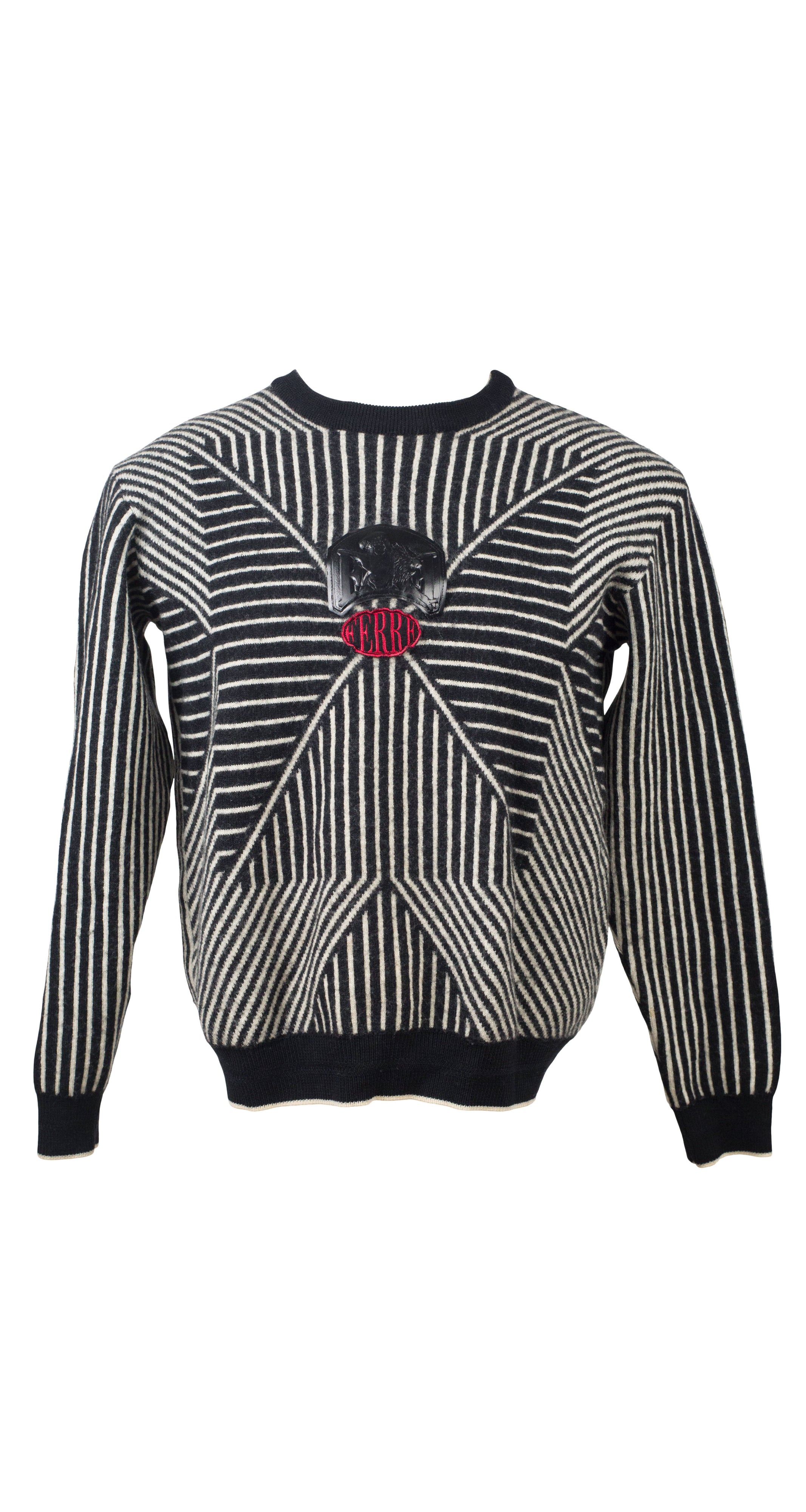 Gianfranco Ferré 1980s Op Art Monochrome Wool Emblem Sweater