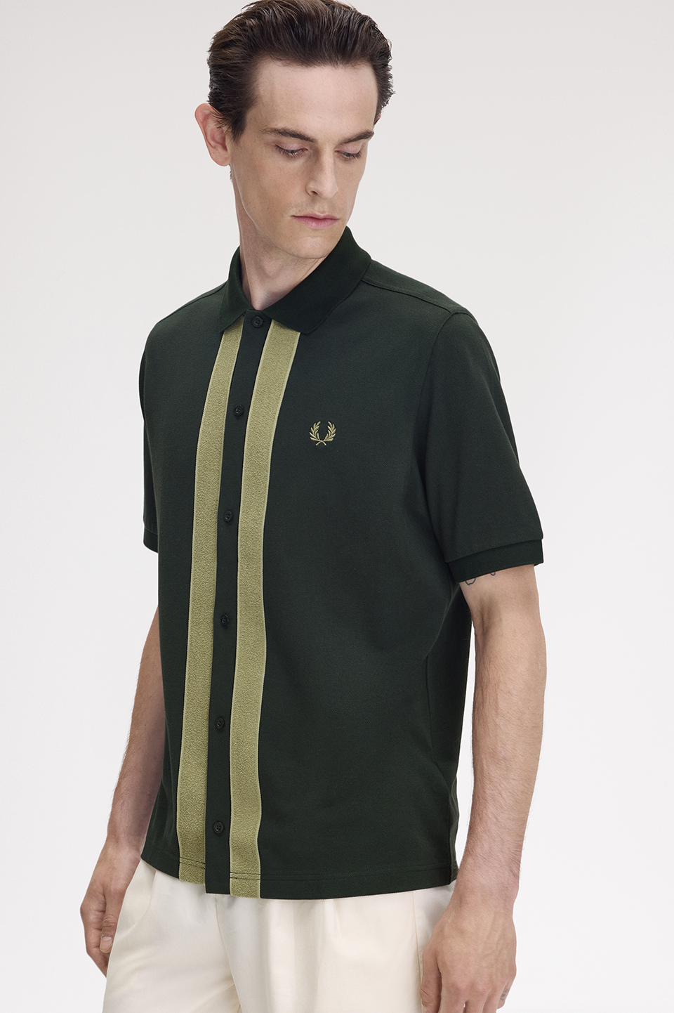 Chenille Tape Button Through Polo Shirt(M Q20：NIGHT GREEN