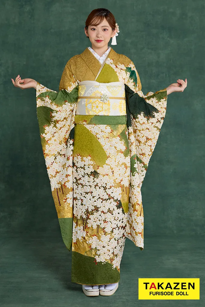 プレミアム古典 青柳/最高級絞り手描友禅 緑/鶸色 桜柄 高級振袖 大人