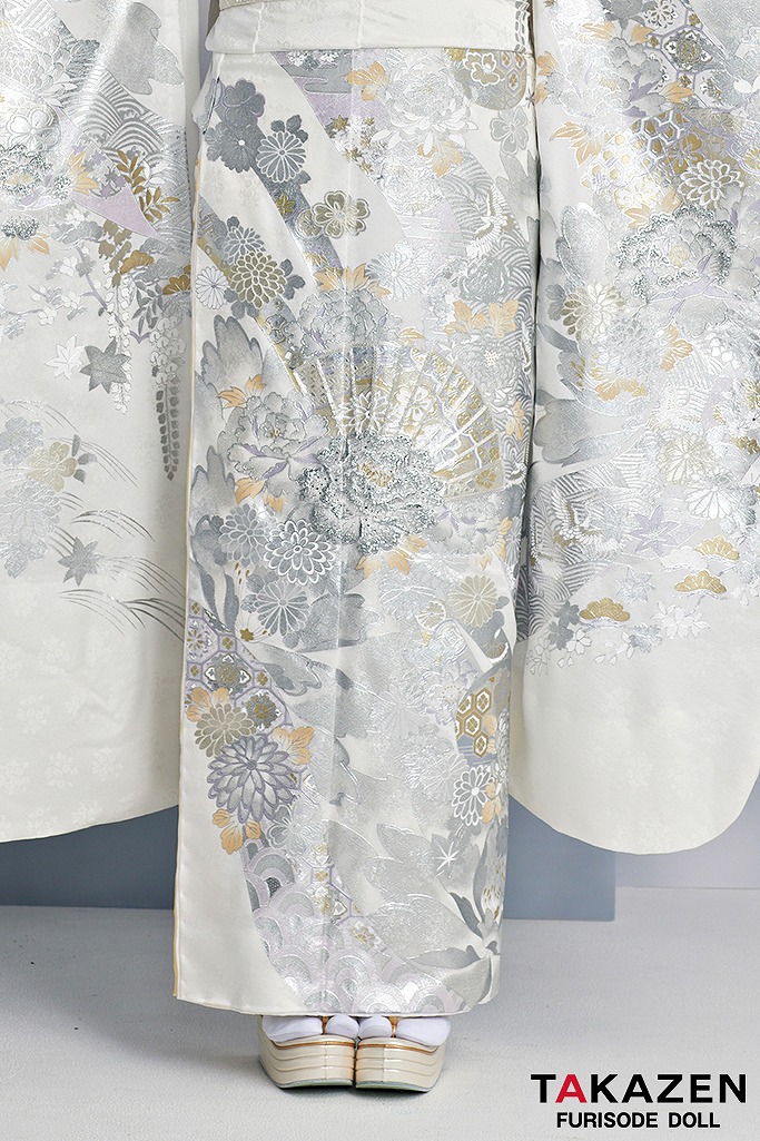 最高級古典柄振袖 関芳/最高級金彩刺繍友禅 白/シルバー 扇面 キラキラ