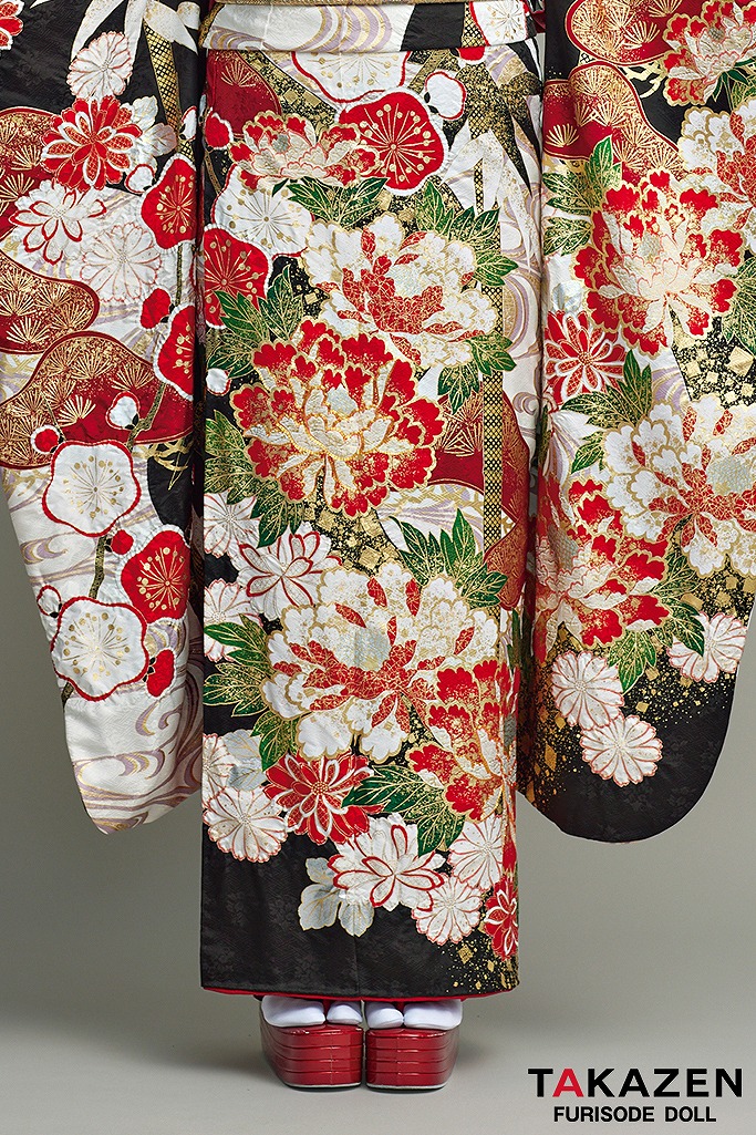 最高級古典柄振袖 滝泰/最高級金彩刺繍絞り友禅 黒/白/赤 牡丹柄