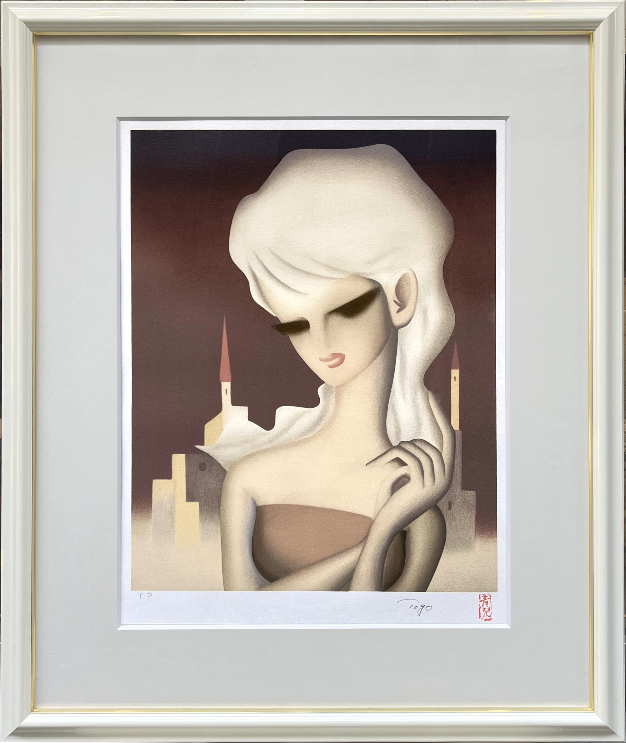 2142 東郷青児 美人画 複製画 洋画家 二科会 額装 2142 東郷青児 美人