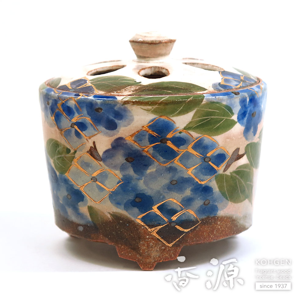 絶品！清水焼香炉☆手描きオーダー発注品◇水色地×ダリア 絶品！清水焼