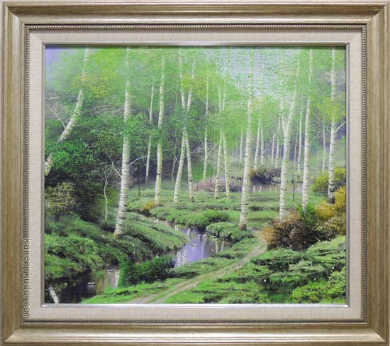 油彩画】早瀬遼 作 白樺林 肉筆画 F10 新緑美しく春〜夏に