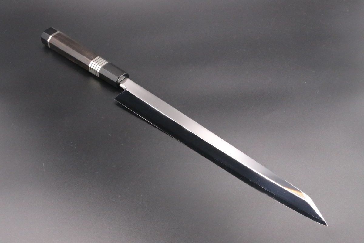 切付柳刃 銀三 330mm 鍛造 表鏡面仕上げ 黒檀柄 鞘付き-歌舞伎ナイフ