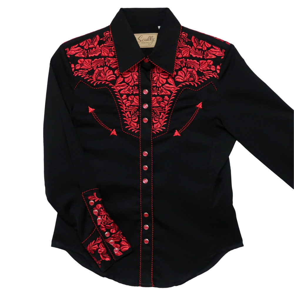 ウエスタンシャツ 黒 シャツ レディース 赤 豪華 刺繍 女性 長袖