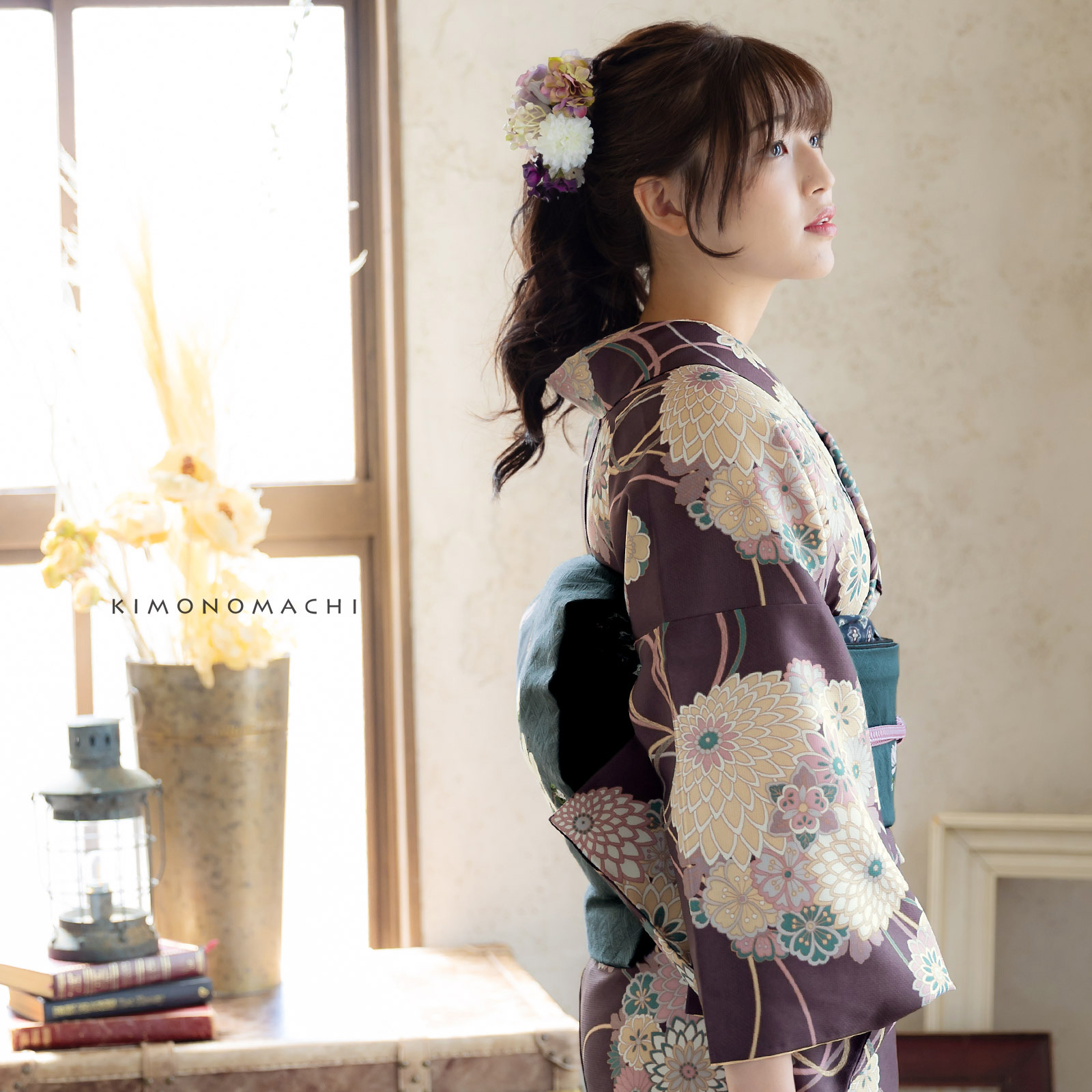 07花くす玉 紫鳶色：KIMONOMACHI オリジナル 袷着物単品