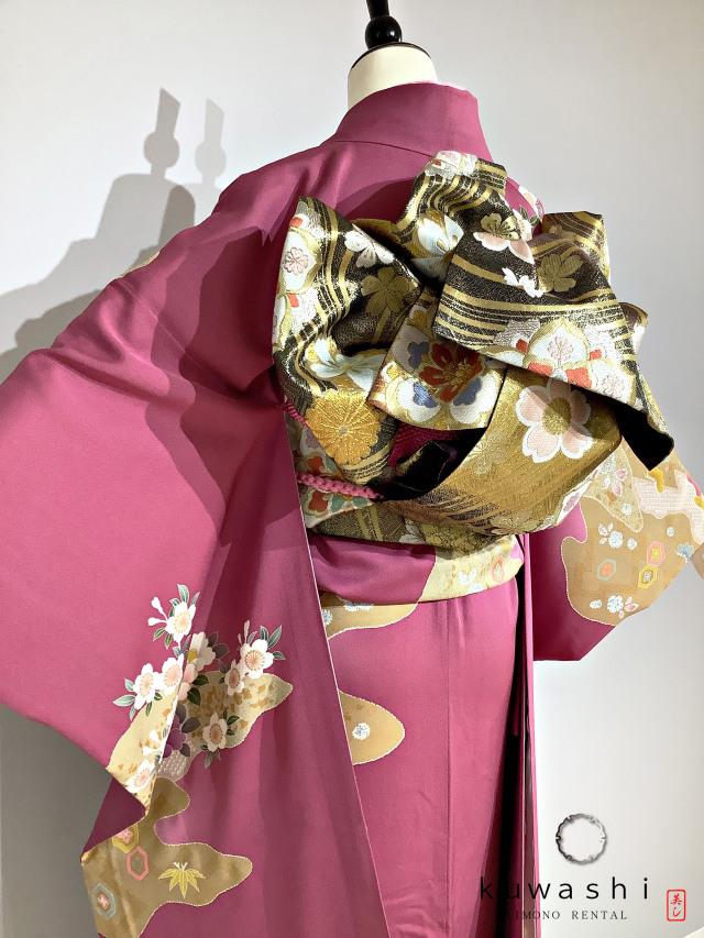 正絹振袖レンタル】 80024 ローズレッド正絹振袖袋帯セット