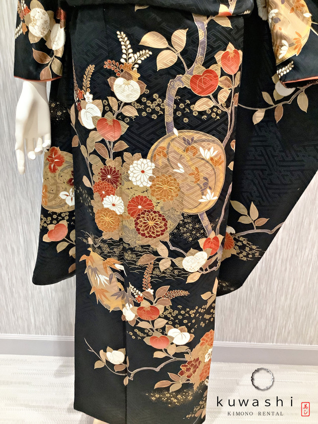 正絹振袖レンタル】 80033 黒地金橘地紋正絹振袖袋帯セット