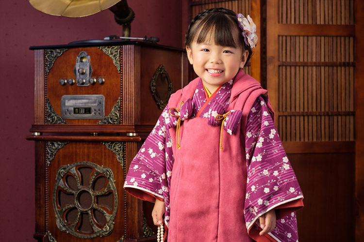 3歳 紫・桜柄 | つくば市のレトロ七五三撮影ハイカラ アンティーク着物