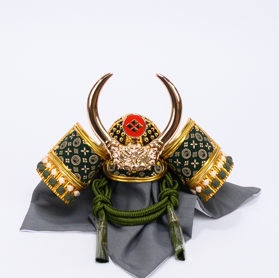 甲州印伝緑富士山柄 8号深川緑武田信玄兜 オーク寄せ木収納飾りセット