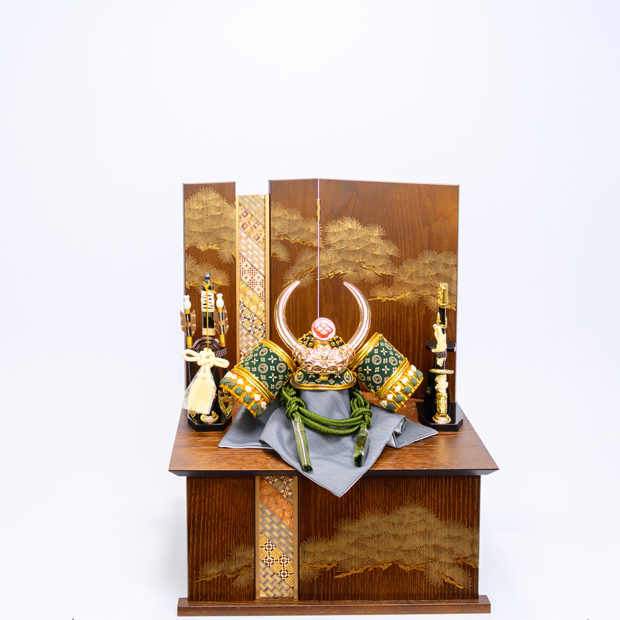 甲州印伝緑富士山柄 8号深川緑武田信玄兜 オーク寄せ木収納飾りセット