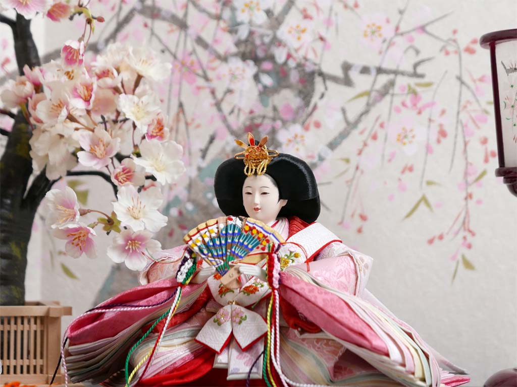 淡い桜色雛人形の四曲絹金屏風桜親王飾りの通販～選ばれるお店の雛人形