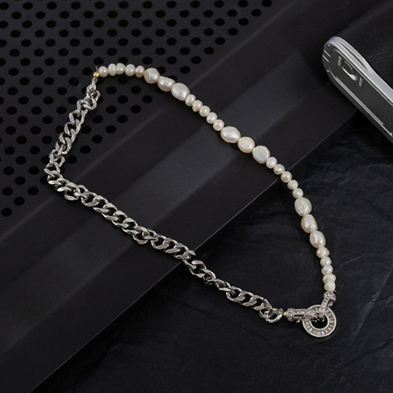 Half Pearl Half Chain Necklace | Silver Necklaces Chain | Cuban